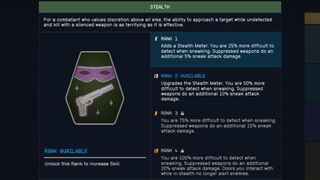 Starfield — A screenshot showing the different ranks and benefits of the Stealth skill.