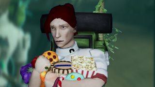 Dr. Carson, the new cooking and agriculture NPC trader in Abiotic Factor 1.0 Cold Fusion. She's got red hair that's tied in a bun, she's wearing a white lab coat, and holding an arm full of snacks.