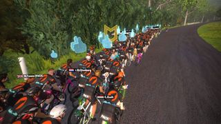 A large group ride on Zwift, with matching black and orange jerseys