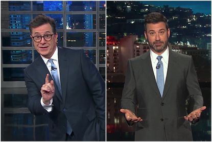 Stephen Colbert and Jimmy Kimmel laugh at Trump's "Fake News"