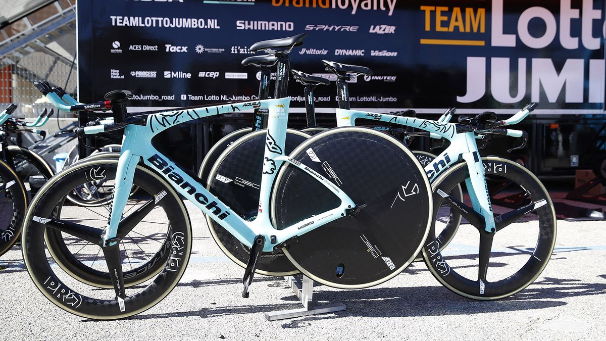 Jos van Emden and Primoz Roglic were the only riders on the team racing aboard the freshly painted Bianchis