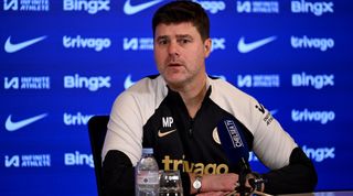 COBHAM, ENGLAND - FEBRUARY 9: Head Coach Mauricio Pochettino of Chelsea during a press conference at Chelsea Training Ground on February 9, 2024 in Cobham, England. (Photo by Darren Walsh/Chelsea FC via Getty Images)