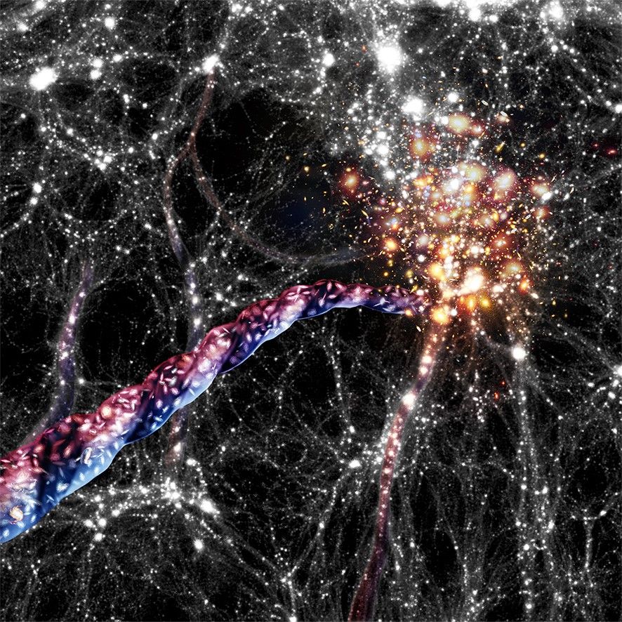 An artist&#039;s impression of a spinning cosmic filament.