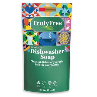 A green packet of dishwasher detergent powder with TrulyFree branding