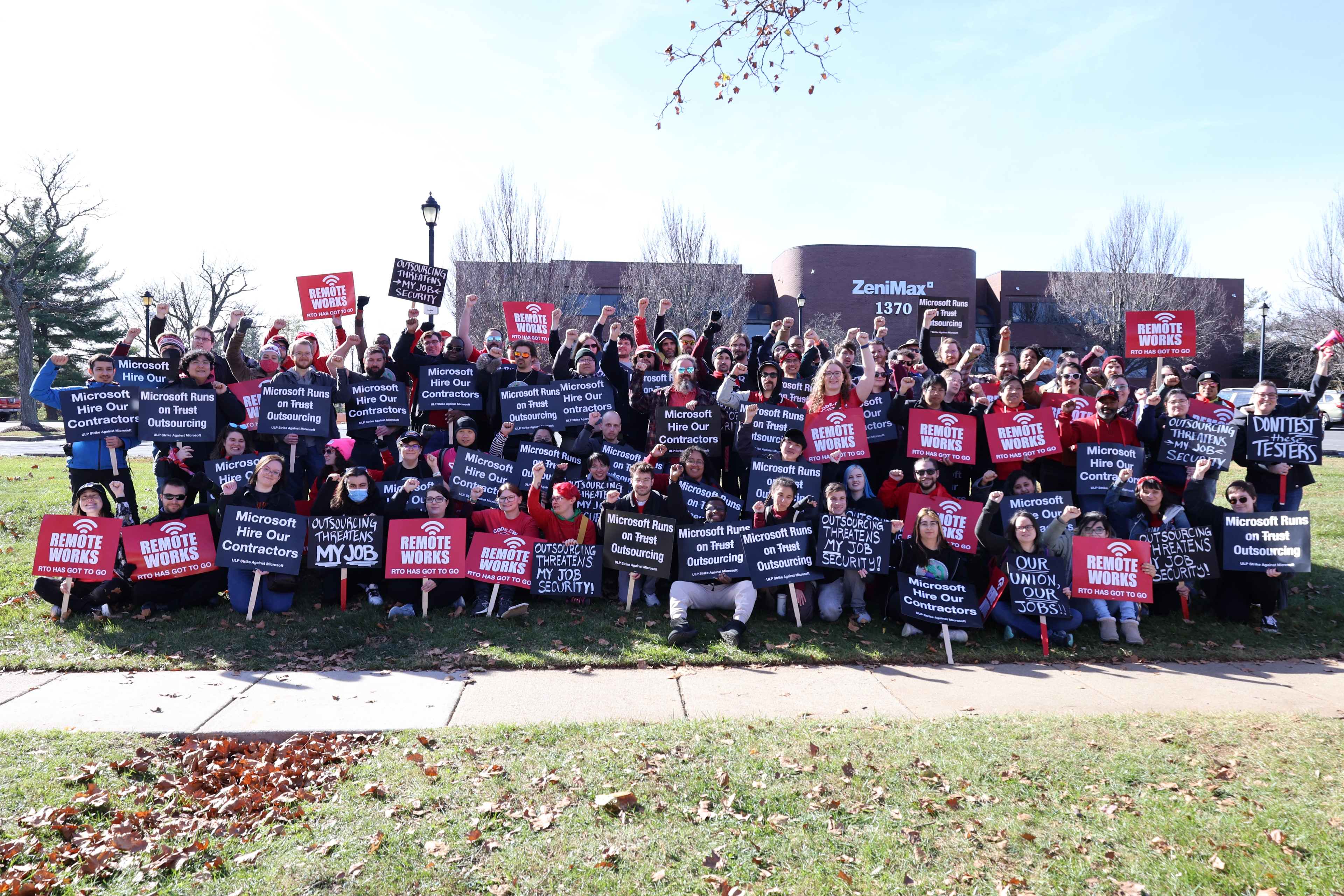 Image of striking ZeniMax Workers United employees at Rockville, Maryland - November 13, 2024