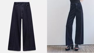 Two flat lay images of woman wearing wide leg jeans