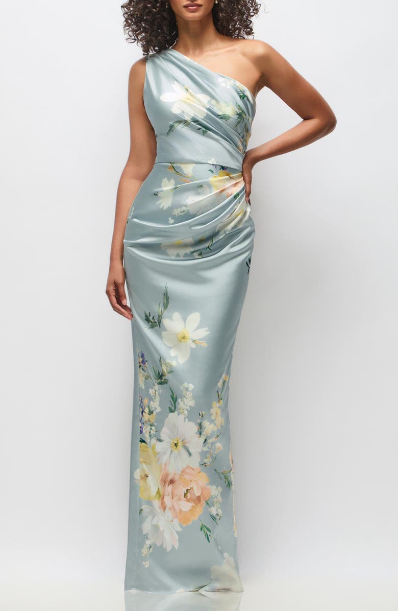 Malin Floral One-Shoulder Satin Charmeuse Gown