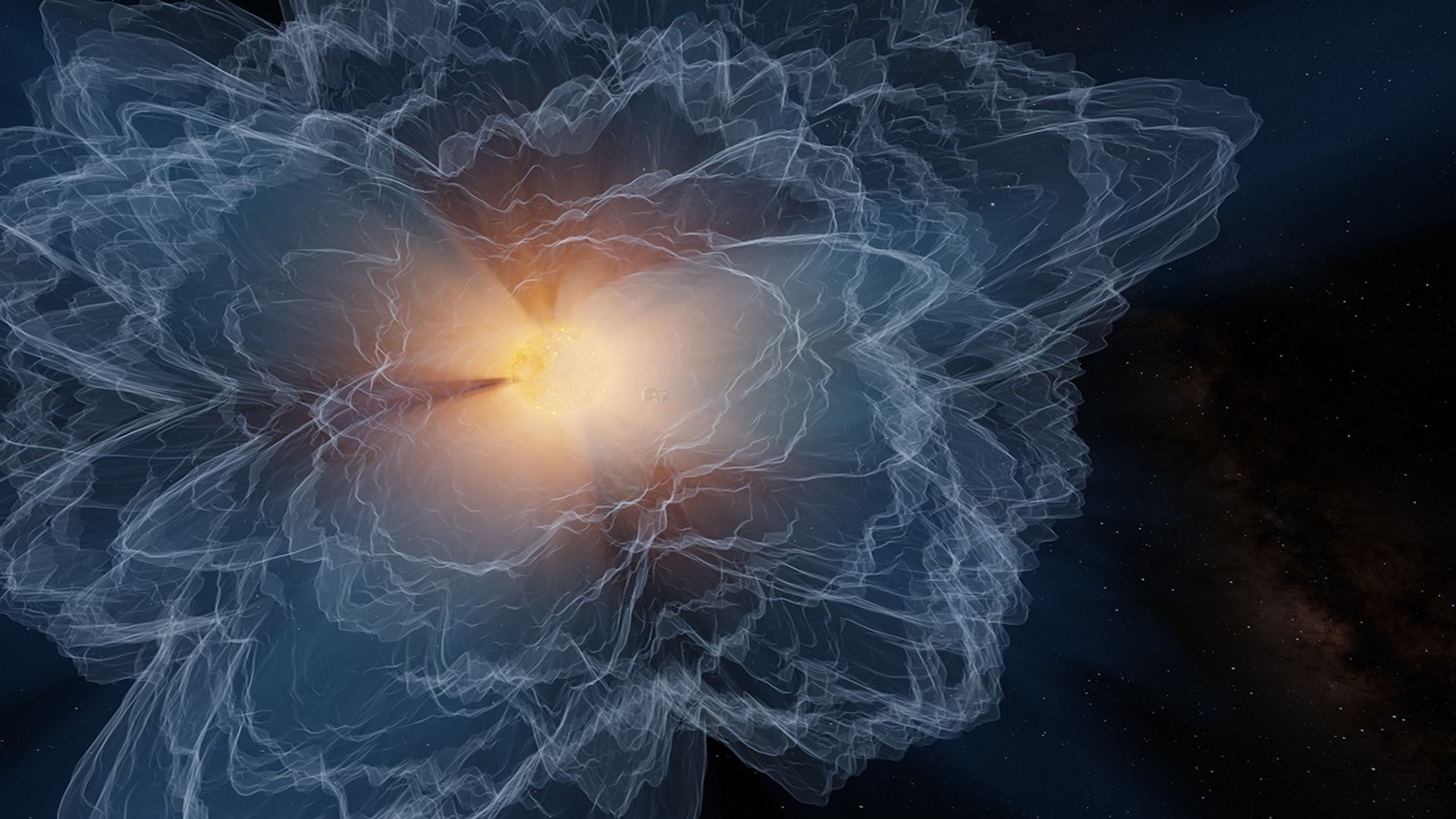 Illustration showing a bright yellow ring with rays of orange yellow light coming out of it, all surrounded by petals of blue and white light against a black background.