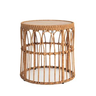 A round wicker and rattan table