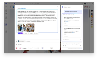 Microsoft Copilot for Viva in action in Engage. Copilot has drafted an inspirational post to be shared with a workforce within a company. It has populated the post, which concerns the goals for the next quarter, with images and has suggested links based on questions readers may ask in a side panel.