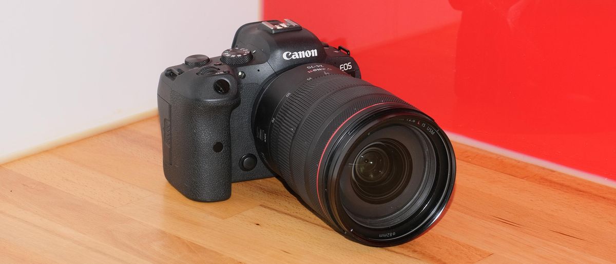 The Canon EOS R6 full-frame mirrorless camera. This shot shows it from the front, with the 27-70mm lens attached