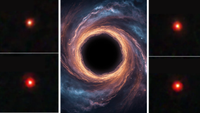 (Left and right) Just some of the "little red dot" galaxies discovered by the JWST. (Center) an illustration of a supermassive black hole 
