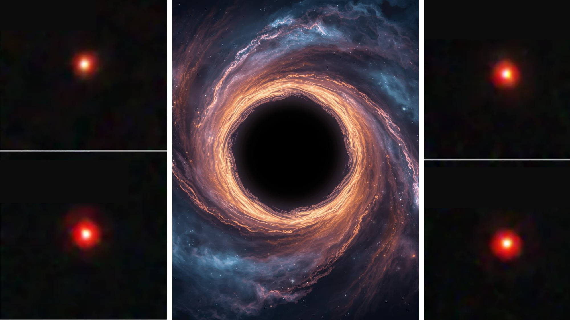(Left and right) Just some of the "little red dot" galaxies discovered by the JWST. (Center) an illustration of a supermassive black hole 