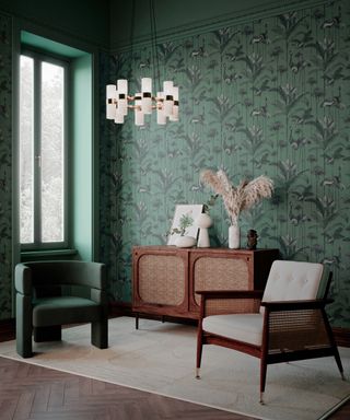 living room with emerald green walls and window frame, green crane wallpaper, wood sideboard, green armchair, white and cane armchair, retro pendant light, rug and hardwood floor