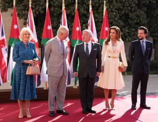 Prince Charles, Prince of Wales and Camilla and Duchess of Cornwall arrive at the Al Husseinnlya Palace and are officially welcomed by King Abdullah II of Jordan , Queen Rania of Jordan