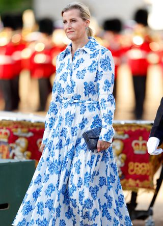 Sophie, Duchess of Edinburgh in a blue and white printed dress