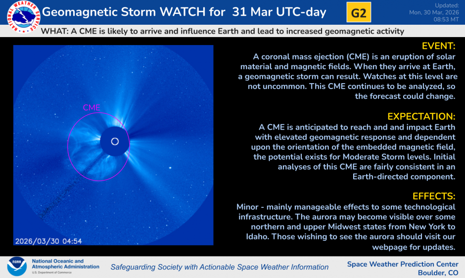 NOAA G2 storm watch issued for tonight along with details of the incoming CME.