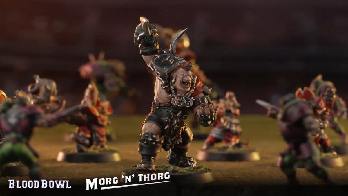 Larger, monstrous players rush through the pitch in Blood Bowl
