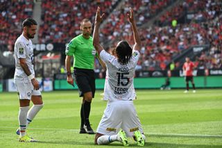 Lille's French defender #15 Leny Yoro celebrates with an opening goal during the French L1 football match between Stade Rennais FC and Lille LOSC at The Roazhon Park Stadium in Rennes, western France on September 16, 2023.