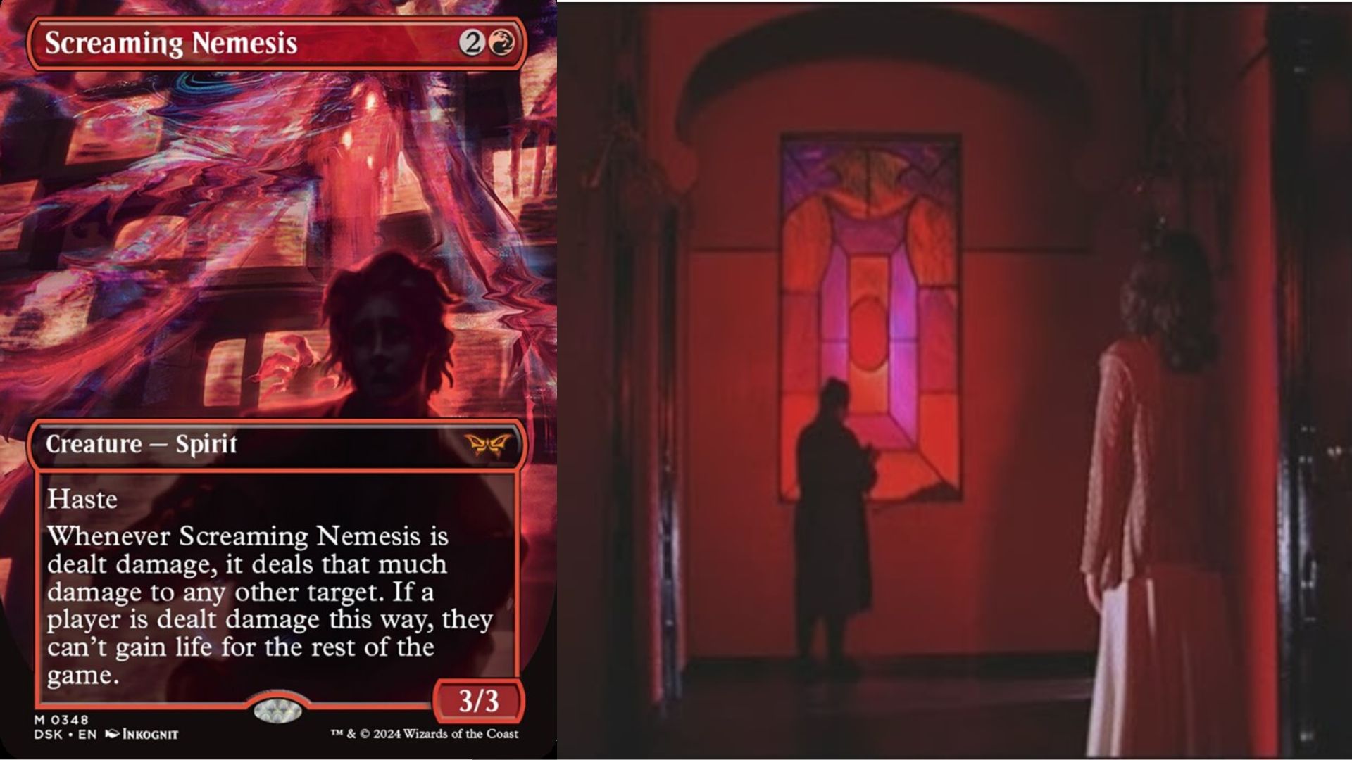 Screaming Nemesis card beside a screengrab from Suspiria 1977