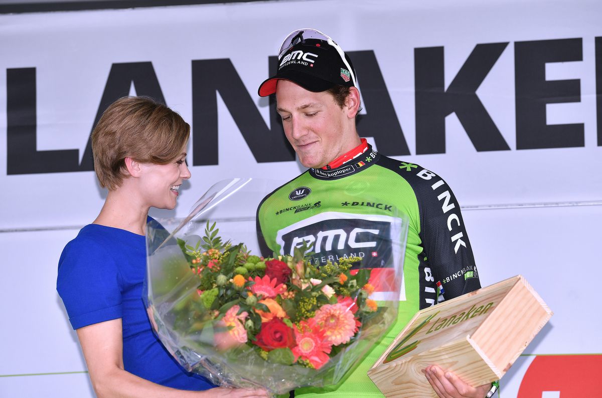 Stefan Kung (BMC) tries to hold all his prizes