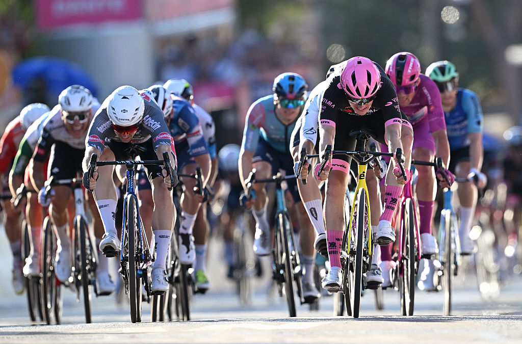 ROME ITALY JUNE 01 LR Kaden Groves of Australia and Team Alpecin Deceuninck and Olav Kooij of Netherlands and Team Visma Lease a Bike sprint at finish line to win the stage during the 108th Giro dItalia 2025 Stage 21 a 1448km stage from Rome to Rome UCIWT on June 01 2025 in Rome Italy Photo by Dario BelingheriGetty Images
