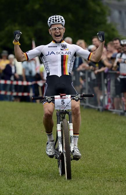 Lukas Baum (Germany) celebrates a win in the junior men's XC at the European championships
