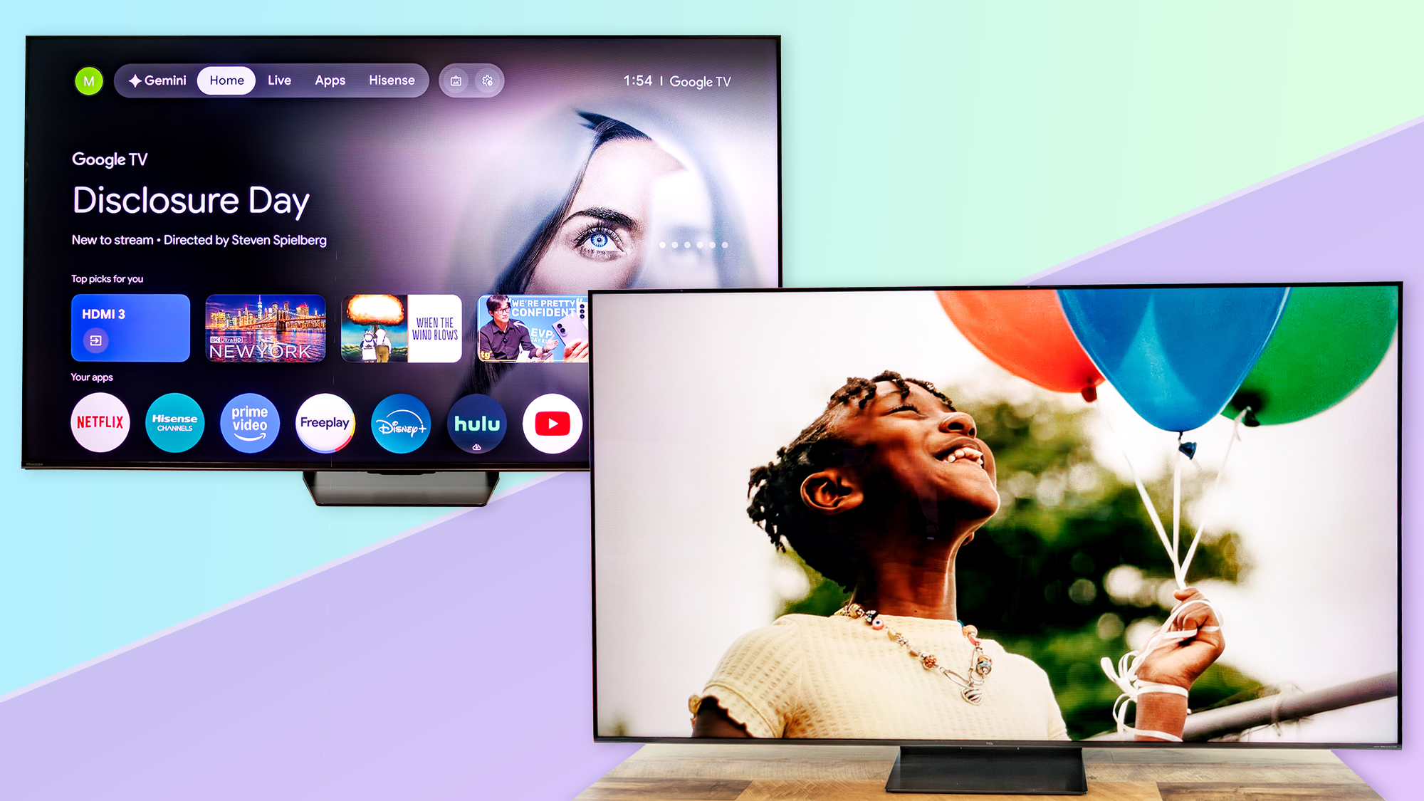 The Hisense U7SG in a side-by-side composite with the TCL QM7L