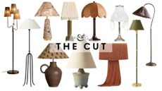 Living room lamps for fall 2026, spanning floor and tabletop styles in wicker, iron, faded florals tapestry upholstery, bullion fringe, leather, and pleated linen