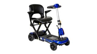 Best mobility scooters: An image showing the Drive Medical ZooMe Flex Folding Travel Scooter in black with a bright blue-purple trim to the deck and front