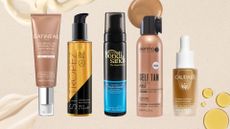 Best fake tans for mature skin from Gatineau, St Tropez, Bondi Sands, Sienna X and Caudalie on a beige background with product swatches