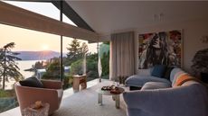 sunset view from living room blue couch