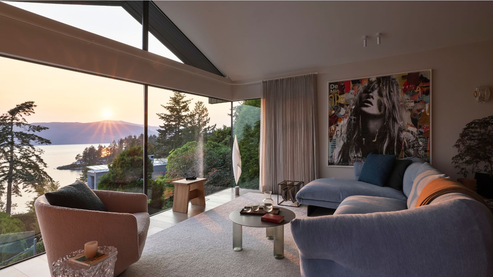 sunset view from living room blue couch 