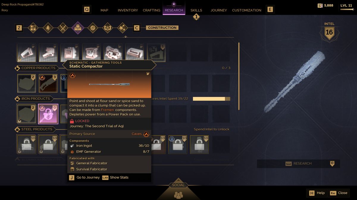 Dune: Awakening flour sand location - The static compactor crafting recipe in the research menu.