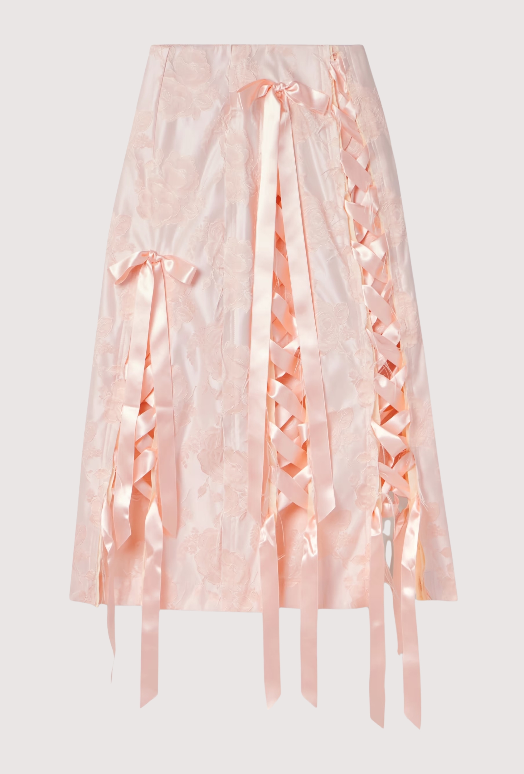 Unraveling Ribbon Lace-Up Frayed Brocade Midi Skirt