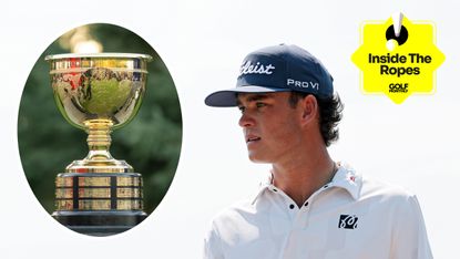 Jackson Koivun, the Presidents Cup trophy and a yellow Golf Monthly Inside The Ropes logo