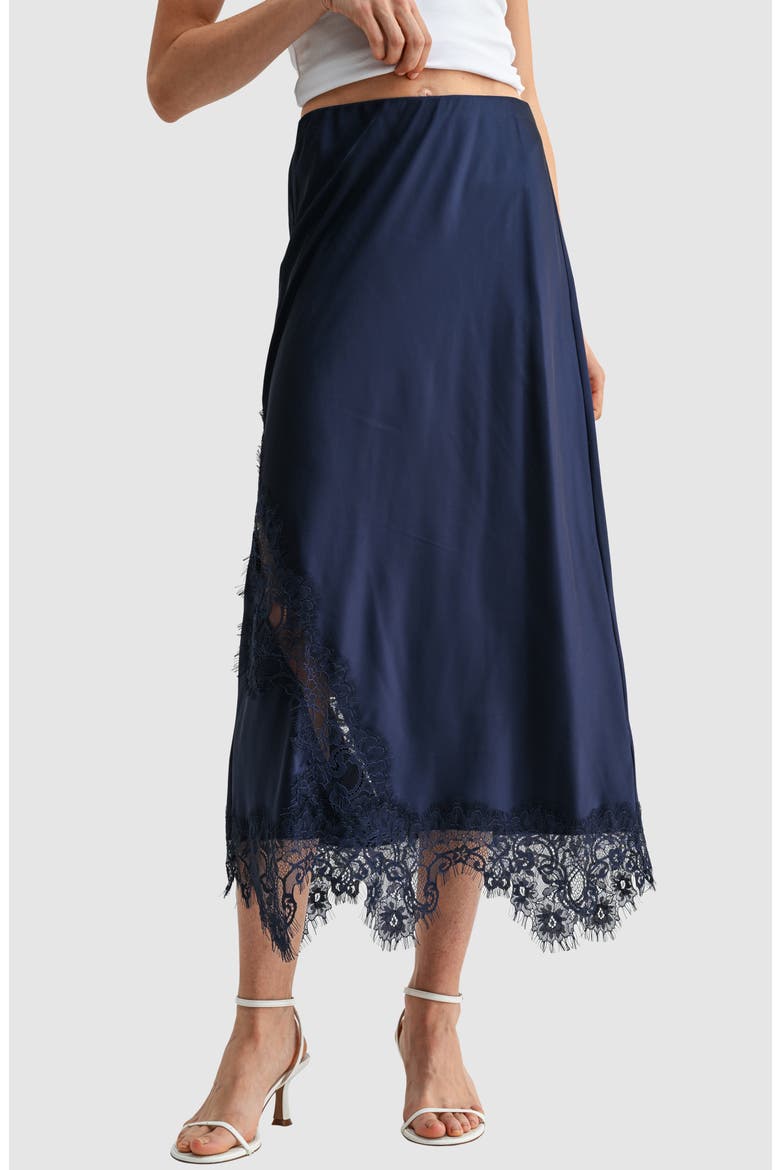 Lace Trim Satin Midi Skirt