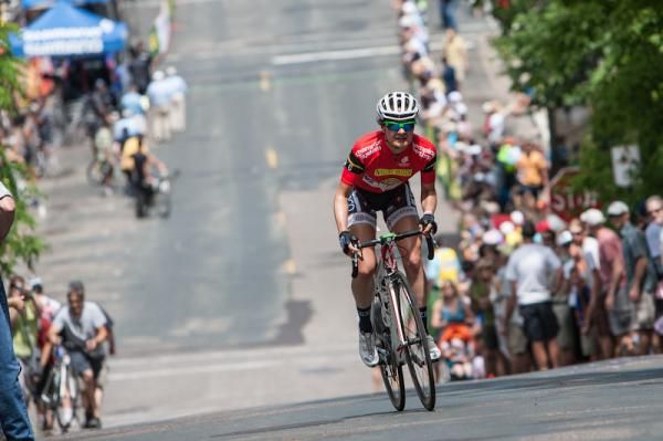 Megan Gaurnier (TIBCO) rides solo on the climb.