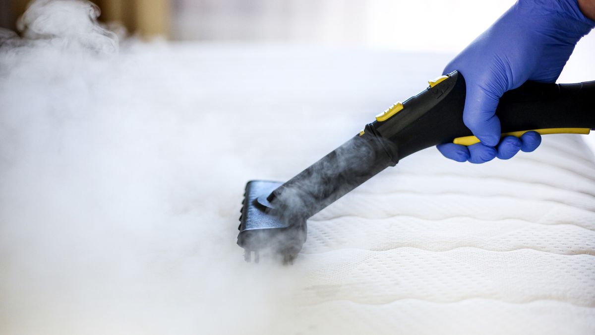 A mattress being stem cleaned to get rid of dust bites and bed bugs