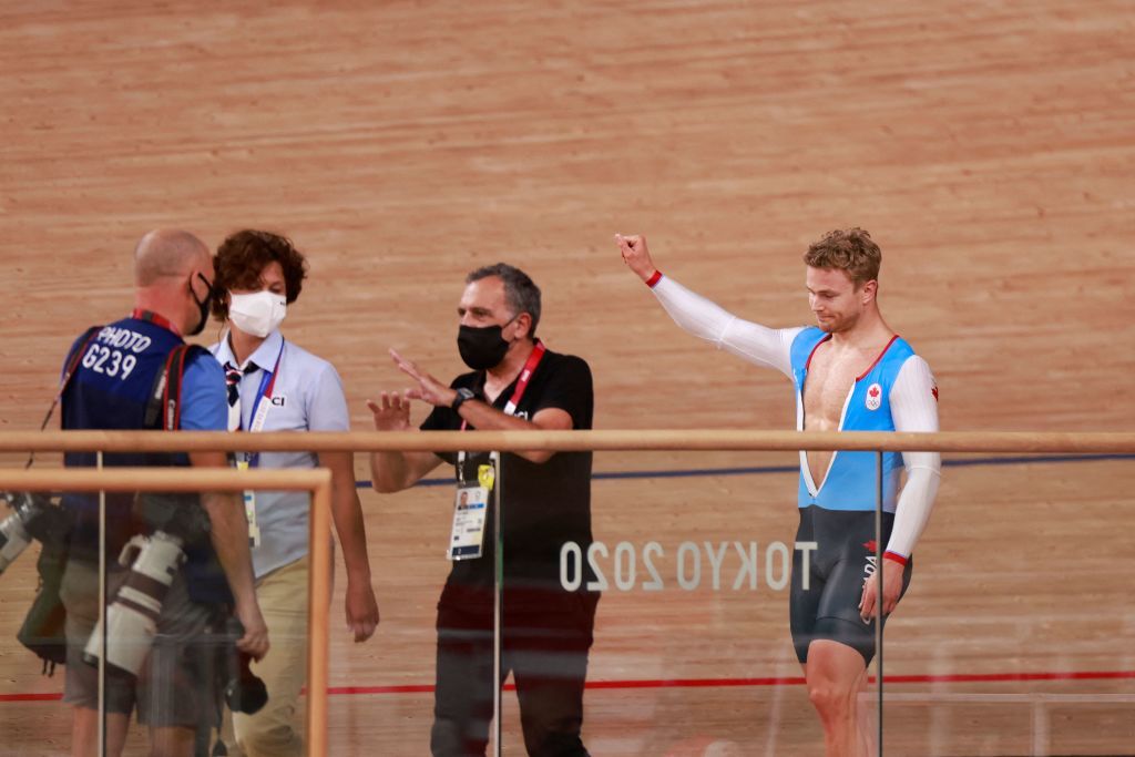 Canadas Hugo Barrette reacts after crashed in the mens track cycling keirin first round heats during the Tokyo 2020 Olympic Games at Izu Velodrome in Izu Japan on August 7 2021 Photo by Odd ANDERSEN AFP Photo by ODD ANDERSENAFP via Getty Images