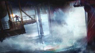 How Still Wakes The Deep was made more terrifyingly beautiful with Unreal Engine 5.3; a man struggles on a walkway above stormy waves