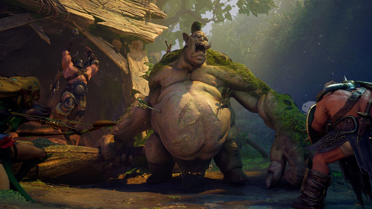 A trio of characters battle an ogre in Legacy: Steel &amp; Sorcery.