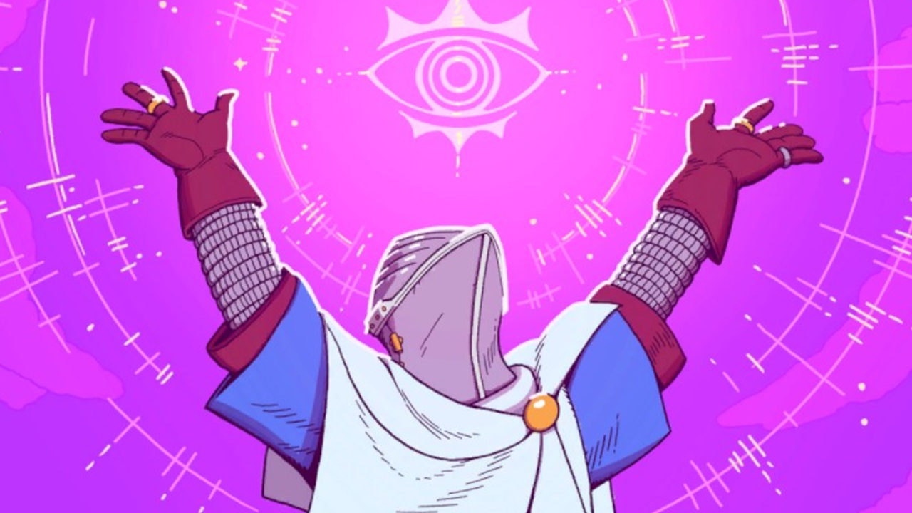 Esoteric Ebb Cleric wearing frogmouth helm raising magic eye sigil on purple-pink background