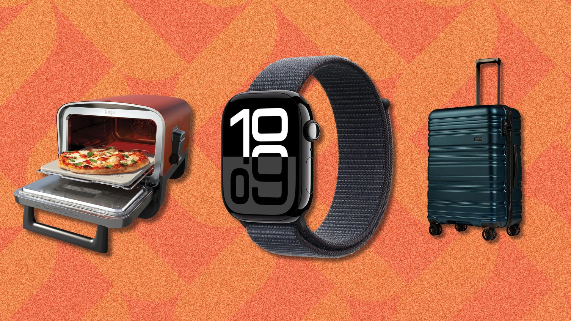 Three items on an orange background, from left to right: Ninja outdoor oven, Apple Watch and Antler suitcase