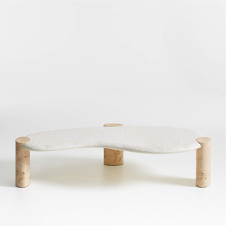 minimalist coffee table with burl wood legs and concrete tabletop