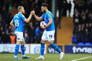 tockports Kyle Wootton is congratulated after making it 2-1 during the Sky Bet League 2 match between Stockport County and Tranmere Rovers at the Edgeley Park Stadium, Stockport on Saturday 4th February 2023. (Photo by Chris Donnelly/MI News/NurPhoto via Getty Images)