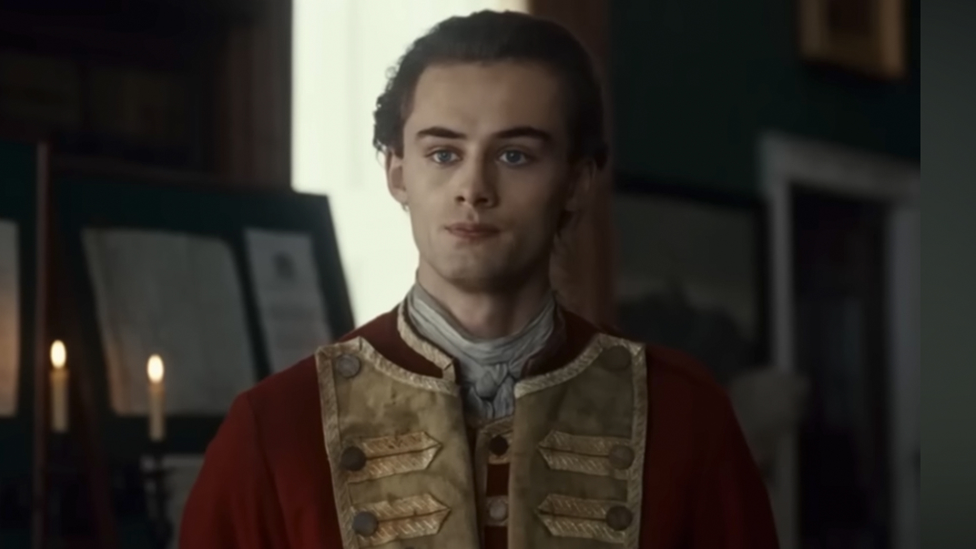 William Franklyn-Miller as George Washington with no hat on Young Washington