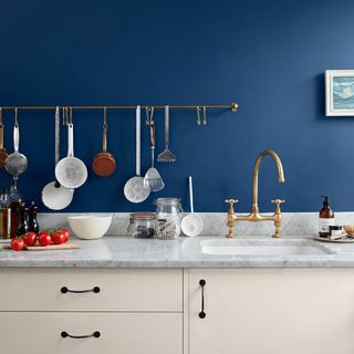 kitchen with blue wall white cabinets wash basin