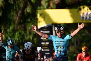 SINGAPORE SINGAPORE NOVEMBER 10 Mark Cavendish of The United Kingdom and Astana Qazaqstan Team celebrates at finish line as race winner during the 3rd Tour de France Prudential Singapore 2024 Criterium a 575km one day race from Singapore to Singapore on November 10 2024 in Singapore Photo by Tim de WaeleGetty Images