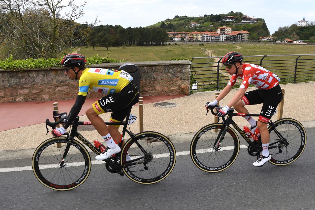 ONDARROA SPAIN APRIL 09 Brandon Mcnulty of United States and UAE Team Emirates Yellow Leader Jersey Tadej Pogacar of Slovenia and UAE Team Emirates Polka Dot Mountain Jersey during the 60th ItzuliaVuelta Ciclista Pais Vasco 2021 Stage 5 a 1602km stage from Hondarribia to Ondarroa itzulia ehitzulia on April 09 2021 in Ondarroa Spain Photo by David RamosGetty Images